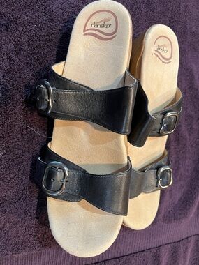 Dansko Black Leather Double-Buckle Slide Mules